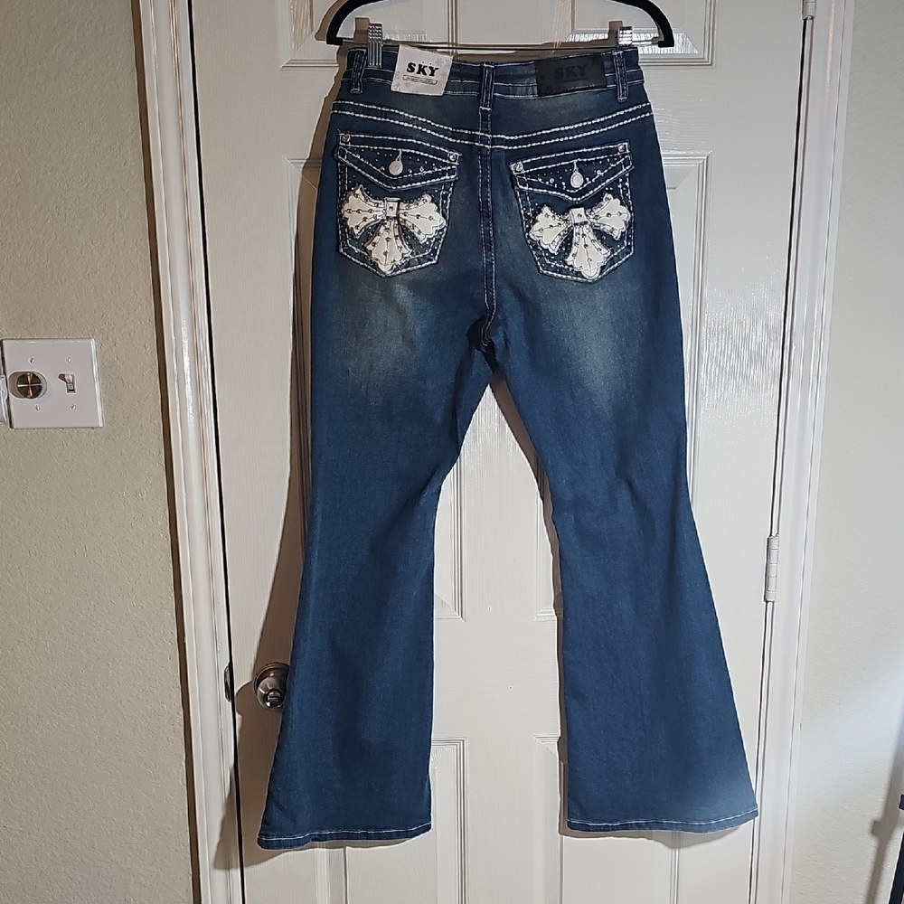 NEW Sky Super Soft Flare Juniors Embellished Denim Bling Jeans Size 13/14 - Picture 3 of 14
